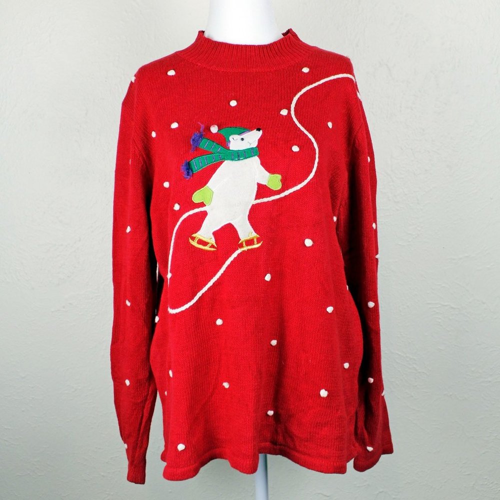 Cinnamon and Cinder red holiday Christmas sweater ice skating polar bear size L